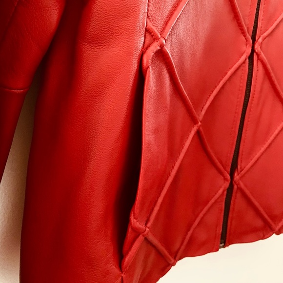 Red Luxurious Leather Cropped Zippered Jacket - Picture 6 of 15